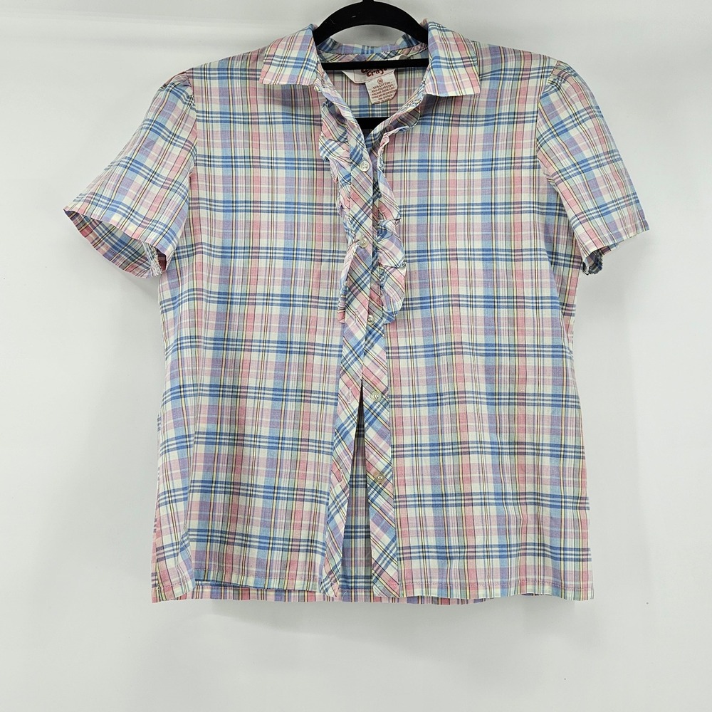Vintage Cottage Pastel Plaid Ruffle Short Sleeve Shirt Top Size 10 Western‎